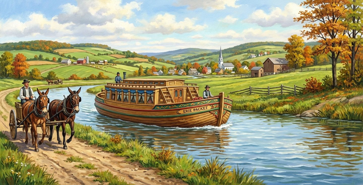 An illustration of the Erie Canal in its heyday with a packet boat mules and scenic upstate New York landscape