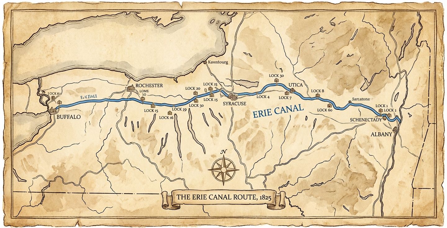 A map showing the Erie Canal route from Albany to Buffalo with key cities and lock locations