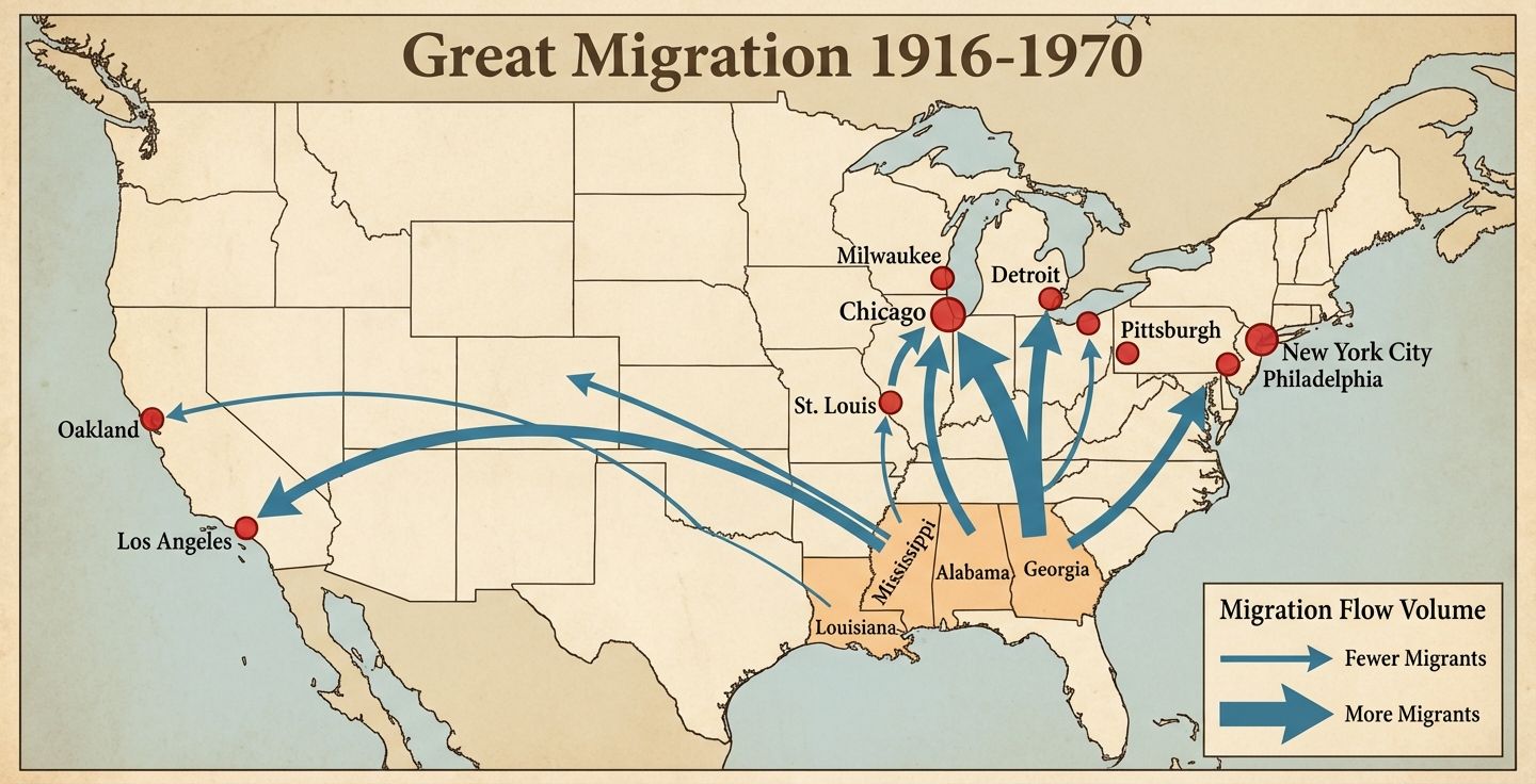 A map of the United States showing migration flows from the Southern states to Northern and Western cities during the Great Migration. The map features thick blue arrows pointing from regions like Mississippi, Alabama, Georgia, and Louisiana to cities such as Chicago, Detroit, New York City, Philadelphia, Pittsburgh, St. Louis, Milwaukee, Cleveland, Los Angeles, and Oakland. The cities are highlighted with red circles. A legend explains the arrow thickness corresponds to the number of migrants. The title reads Great Migration 1916-1970