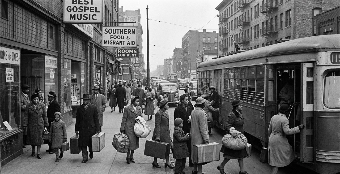 A black and white photograph style image of a busy urban street in the 1940s, likely Chicago or Detroit. African American families are arriving with suitcases and bundles, some boarding a streetcar. The street has storefronts with signs in windows. The atmosphere is bustling yet hopeful. In the background, tenement buildings line the street. The image conveys the influx of migrants during the Great Migration