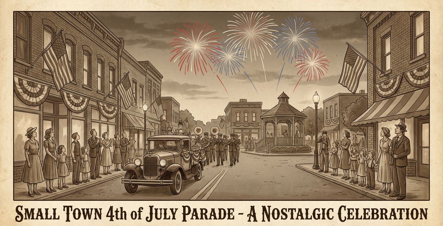 A nostalgic illustration of a small town Fourth of July parade with families watching fireworks vintage style