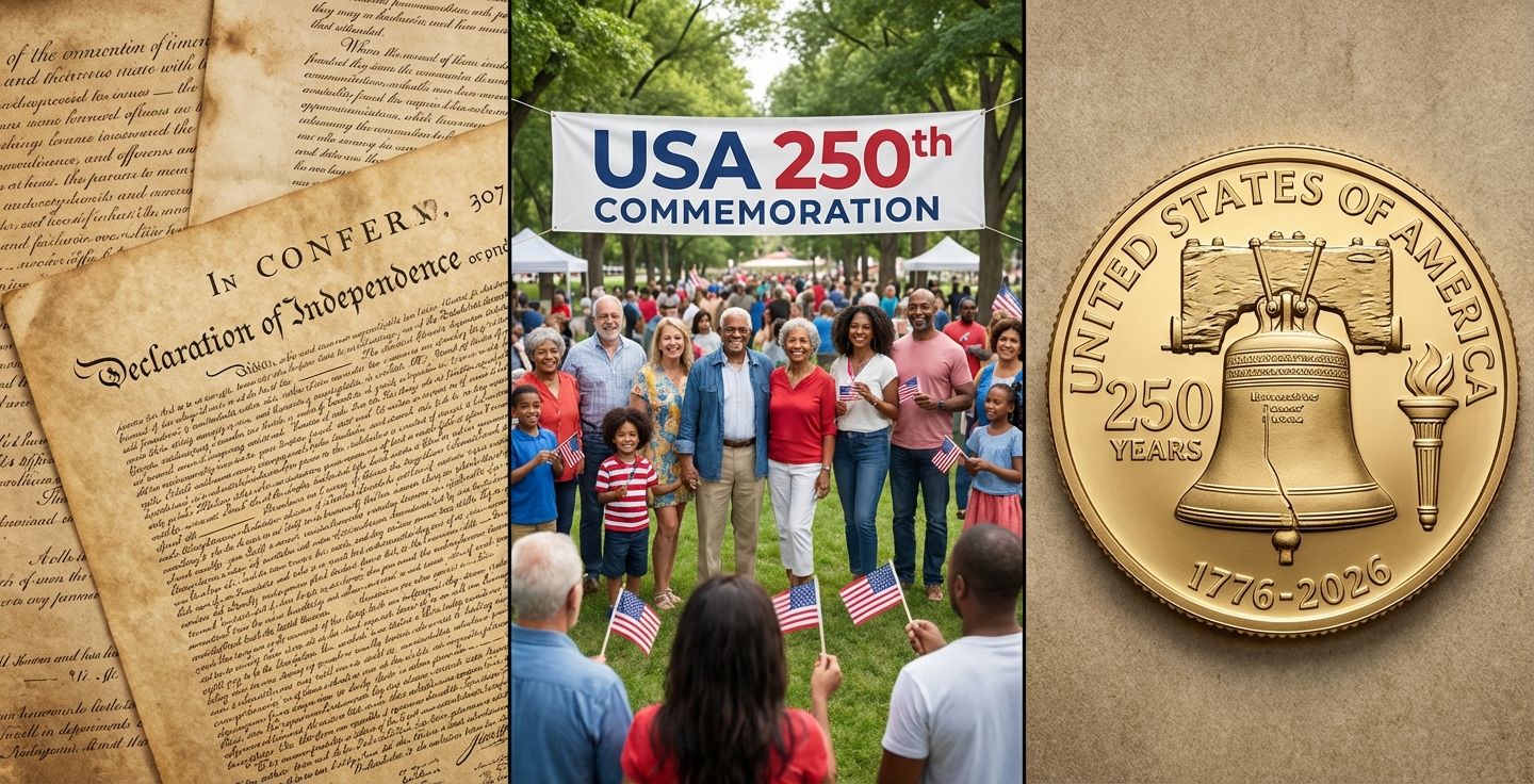 A collage showing historic documents a modern community gathering and a commemorative coin representing the USA 250th anniversary