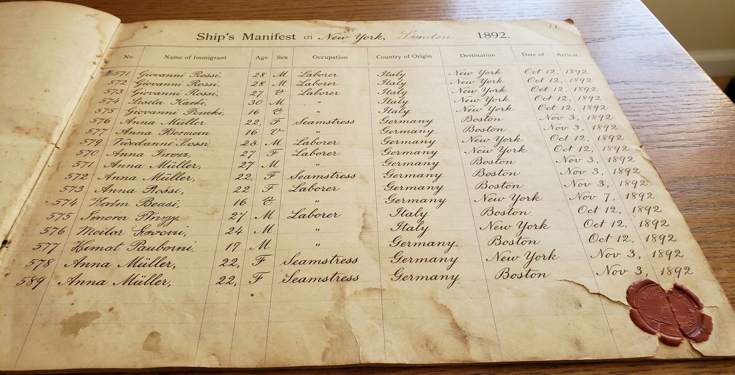 An old ship manifest page showing names of immigrants and details of their voyage