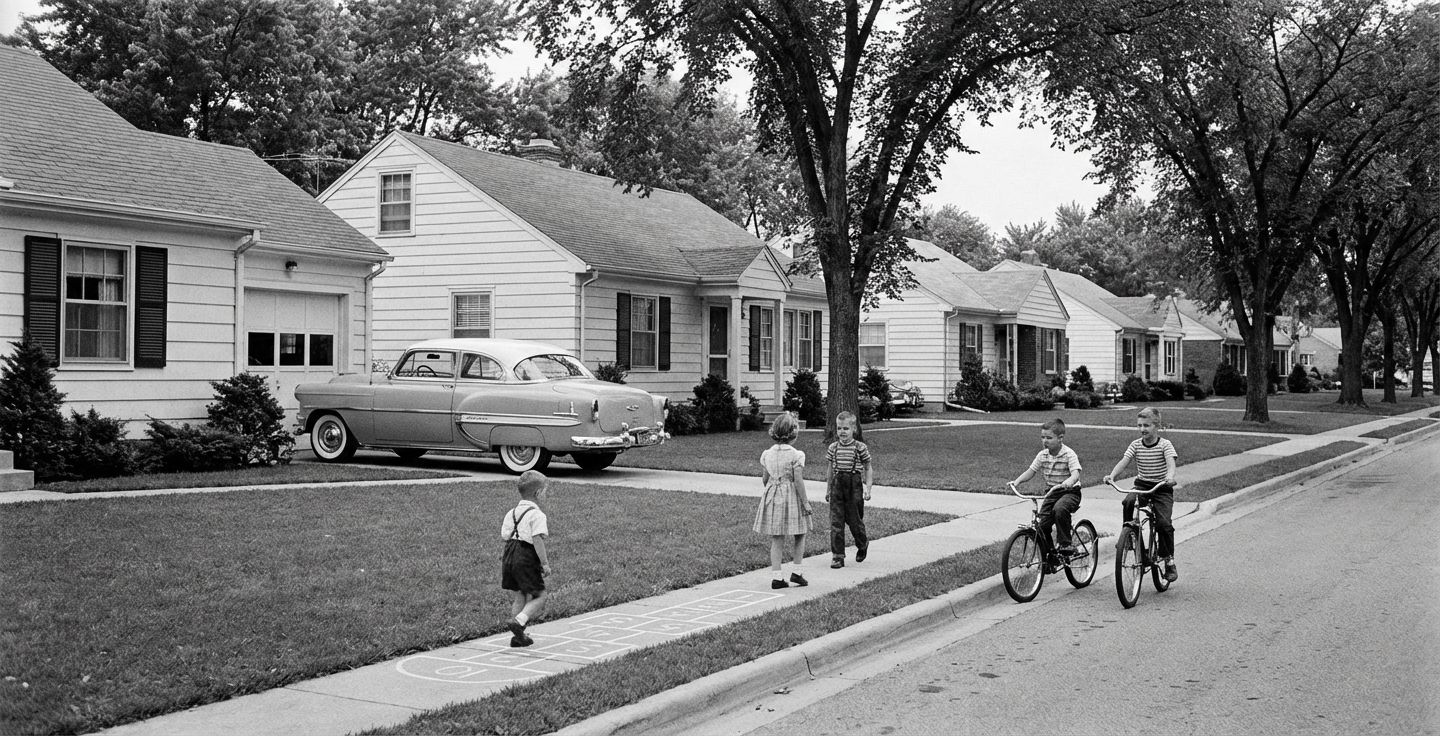 A black and white photograph of a 1950s suburban street with tidy houses, a car in the driveway, and children playing on the sidewalk