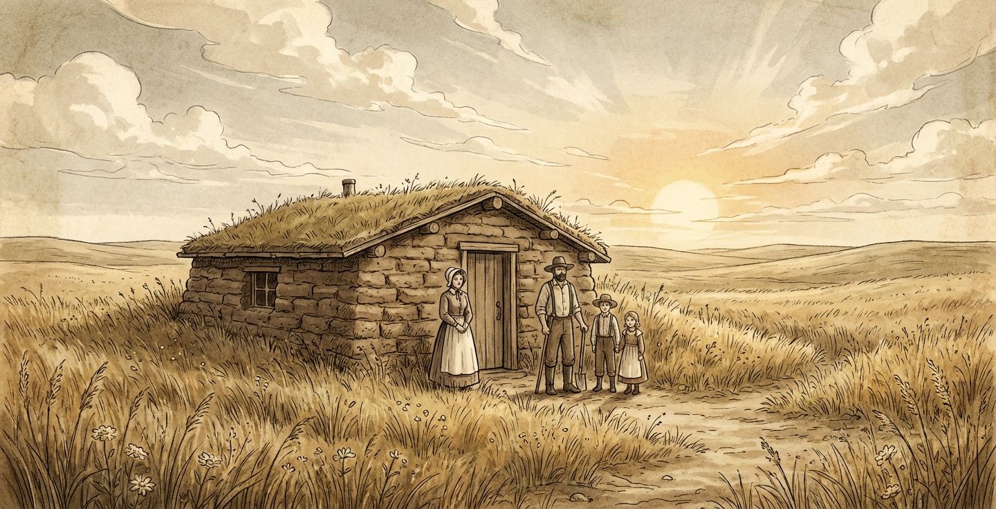 A nostalgic illustration of a sod house surrounded by tall grass under a big sky, with a pioneer family standing outside