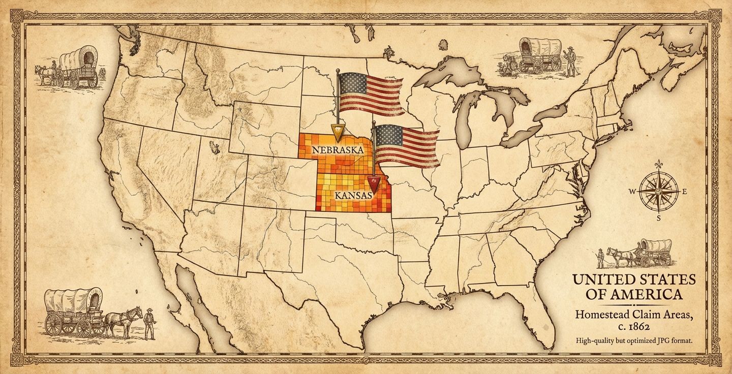 A vintage style map of the United States showing highlighted homestead claim areas in warm colors, with markers indicating Nebraska and Kansas
