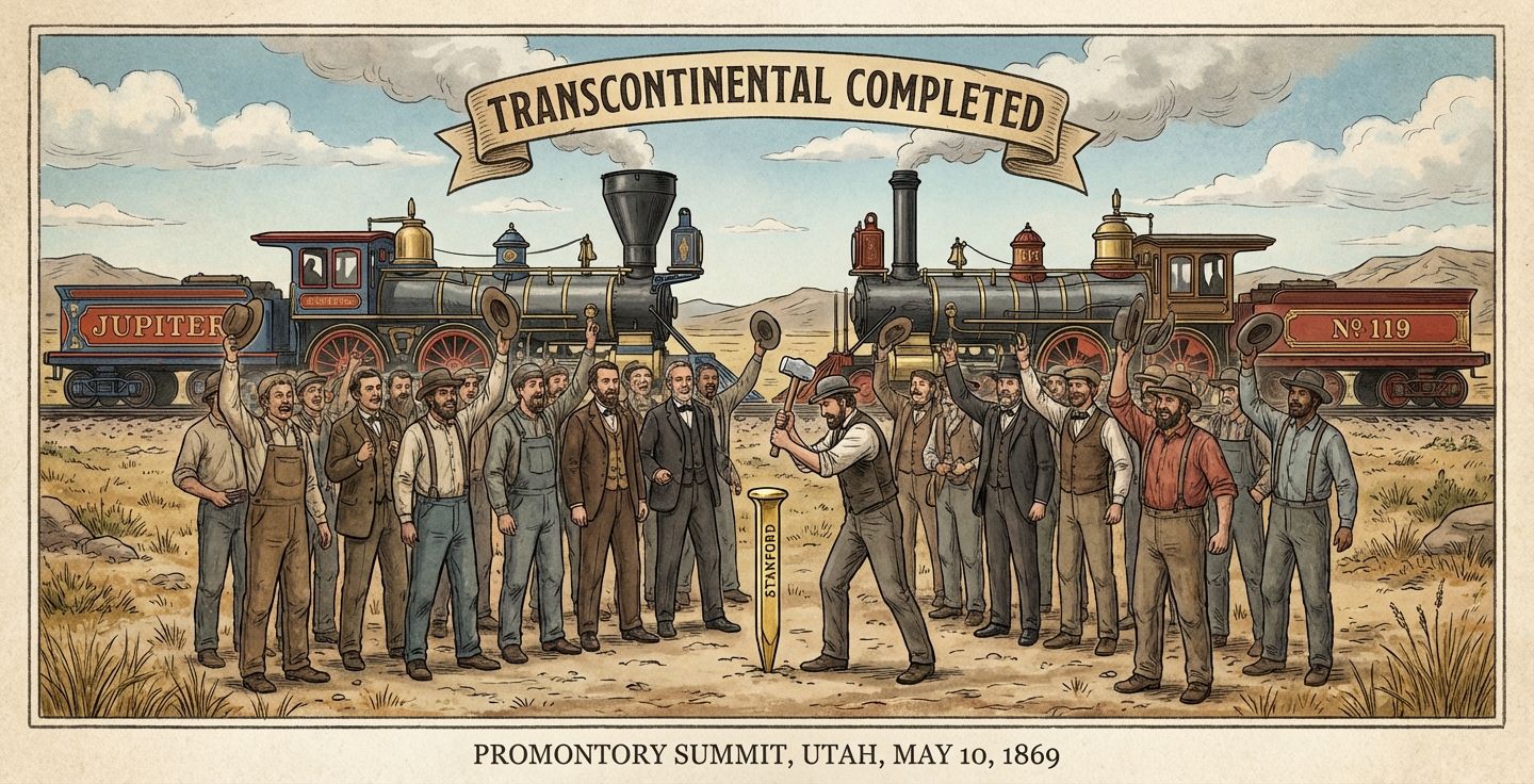 Illustration of the golden spike ceremony at Promontory Summit Utah 1869 showing Leland Stanford and railroad workers celebrating the completion of the transcontinental railroad