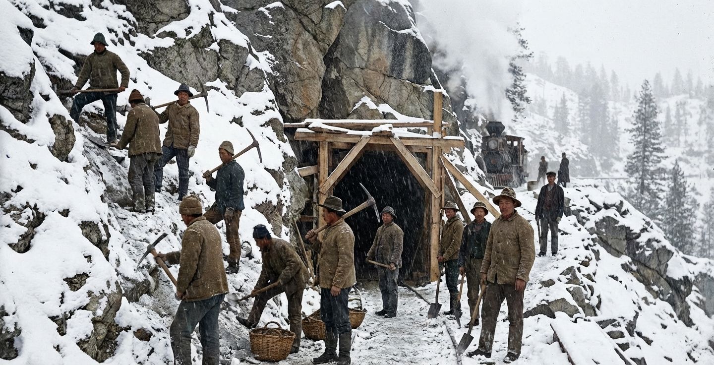 Depiction of Chinese railroad workers laboring on a snowy mountain slope of the Sierra Nevada constructing a tunnel for the Central Pacific Railroad