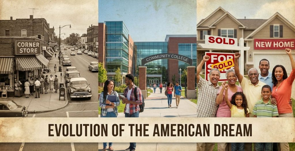 A collage showing a 1950s corner store on a small town main street, a modern community college campus, and a diverse group of families standing in front of a newly purchased home, illustrating the evolution of the American Dream over time