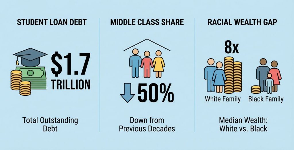 An infographic style image with three key statistics: student loan debt over $1.7 trillion, middle class share down to 50%, and racial wealth gap showing median White family wealth eight times that of Black family, presented with simple icons and clear labels