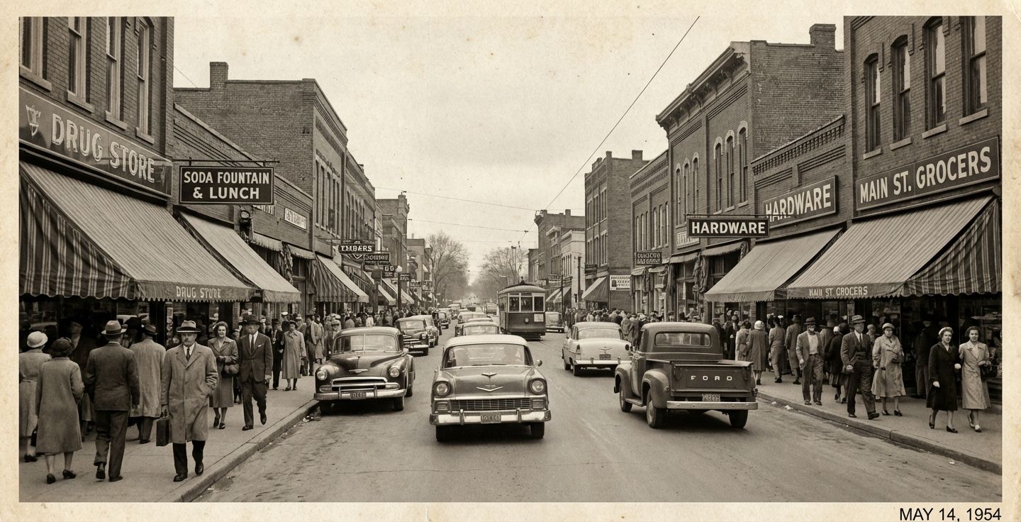 A sepia-toned photograph of a bustling 1950s American main street with classic storefronts, a soda fountain, and townspeople strolling past vintage automobiles