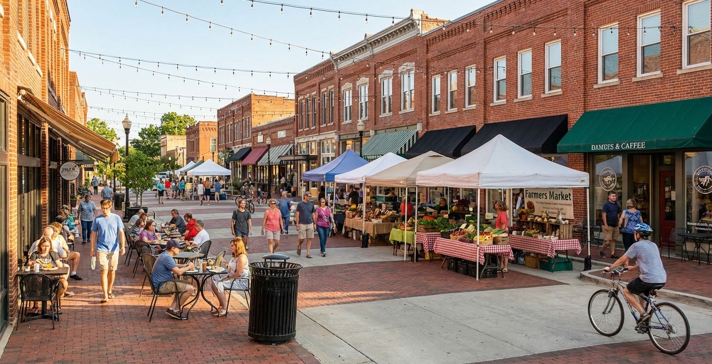 A present-day color image of a revitalized downtown main street showing restored historic buildings, outdoor cafe seating, cyclists, and a farmers market under string lights