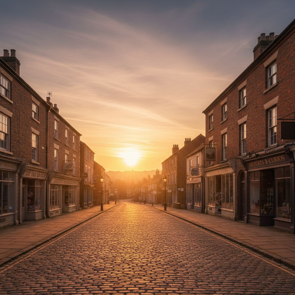 A warm glowing sunrise over a quiet historic town main street with brick buildings and old storefronts symbolizing a fresh start and new dawn