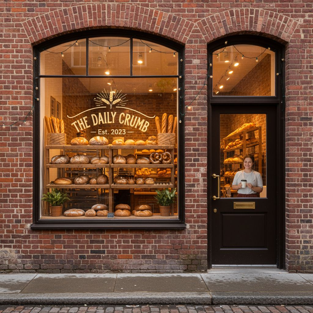 A cozy brightly lit bakery with fresh bread in the window occupying a vintage brick storefront reflecting the warmth of a new small business venture