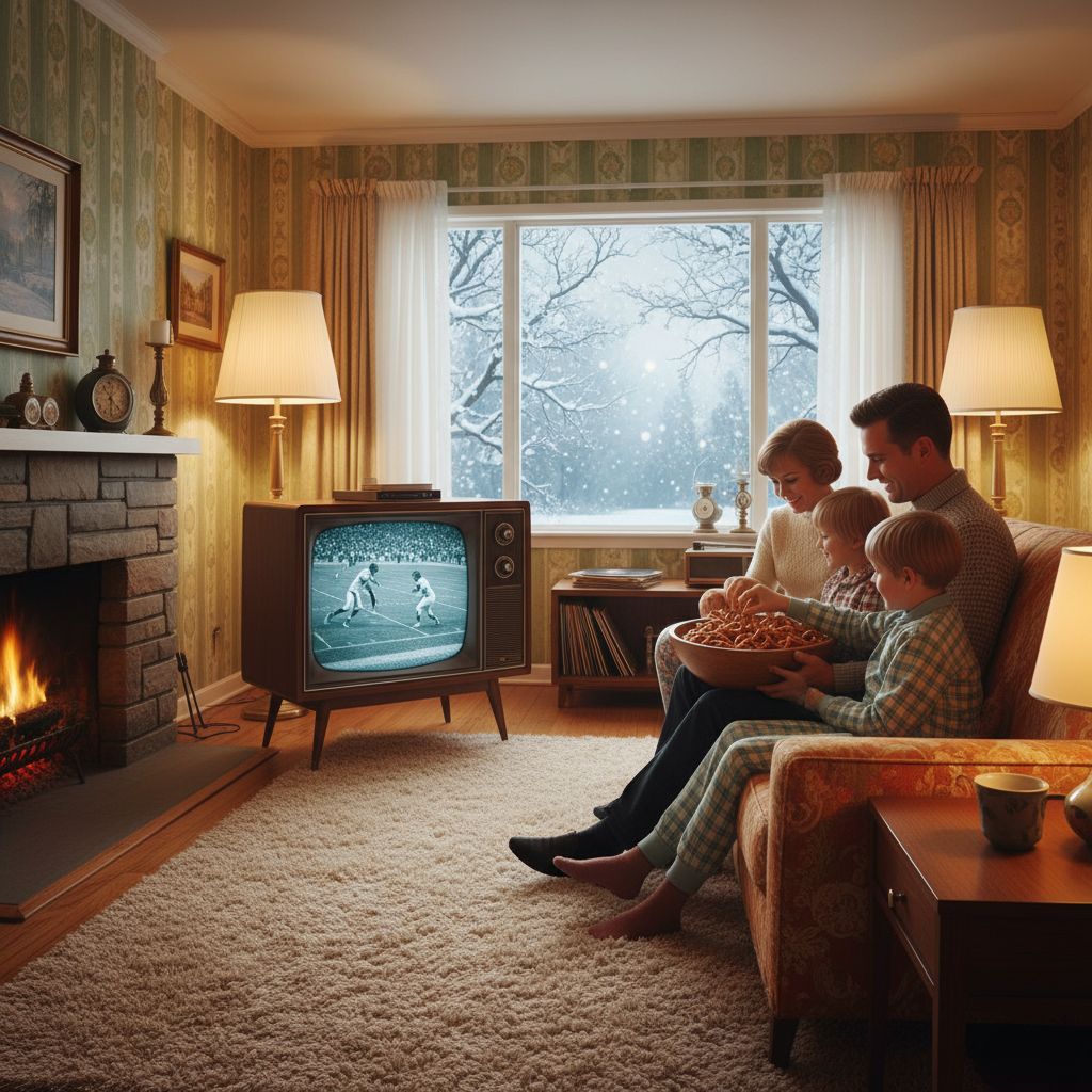 A cozy vintage living room from the 1960s with a family gathered tightly around an old cathode ray tube television, eating pretzels from a wooden bowl and watching a black and white sports broadcast, warm indoor lighting contrasting with snowy windowpanes.