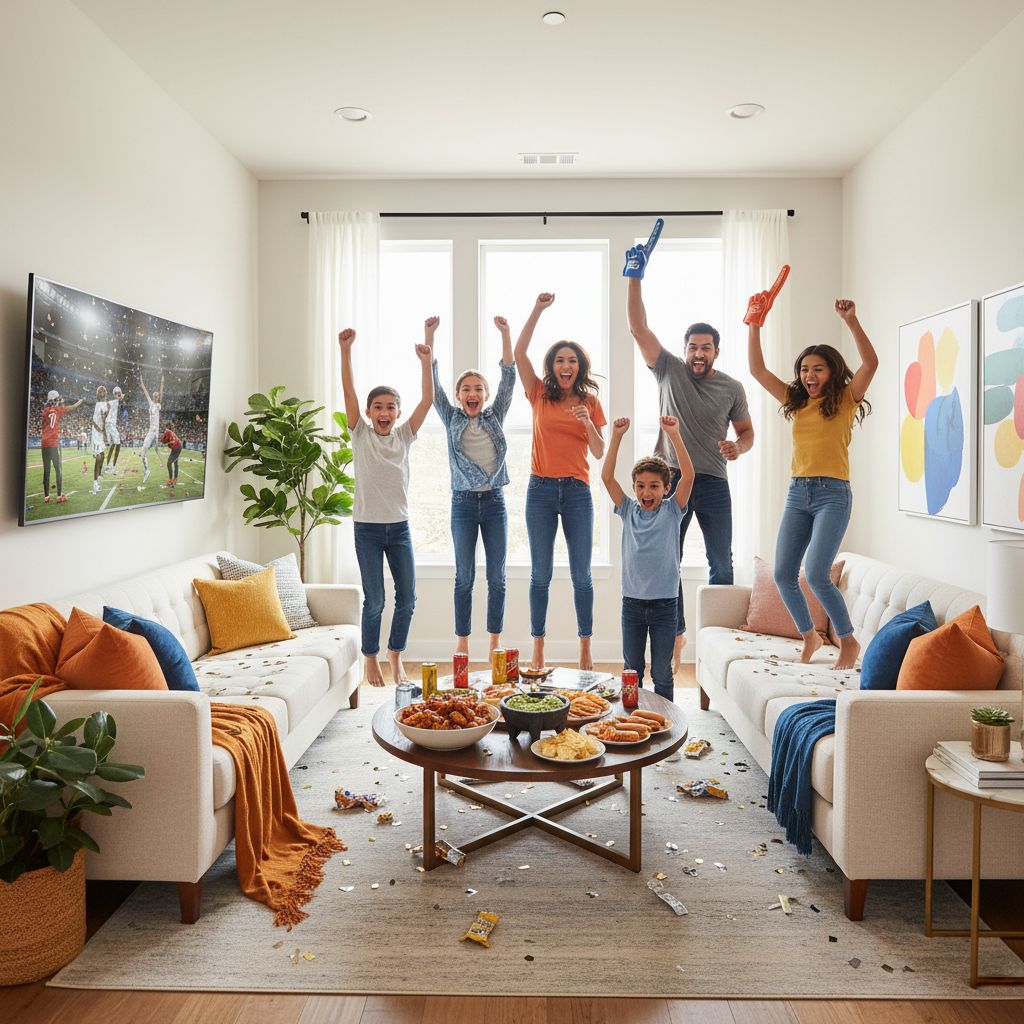 A modern vibrant living room scene showing a multi-generational family cheering excitedly around a large flat screen television, with a coffee table full of snacks like chicken wings and guacamole in the foreground, bright and cheerful atmosphere.