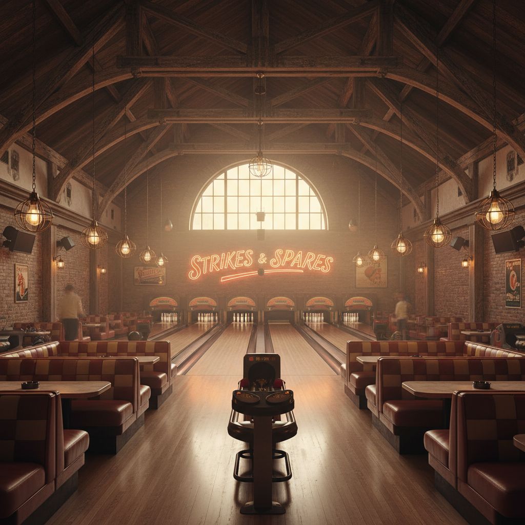 A beautifully restored vintage bowling alley interior with exposed wooden truss roof and gleaming wooden lanes warm lighting nostalgic atmosphere