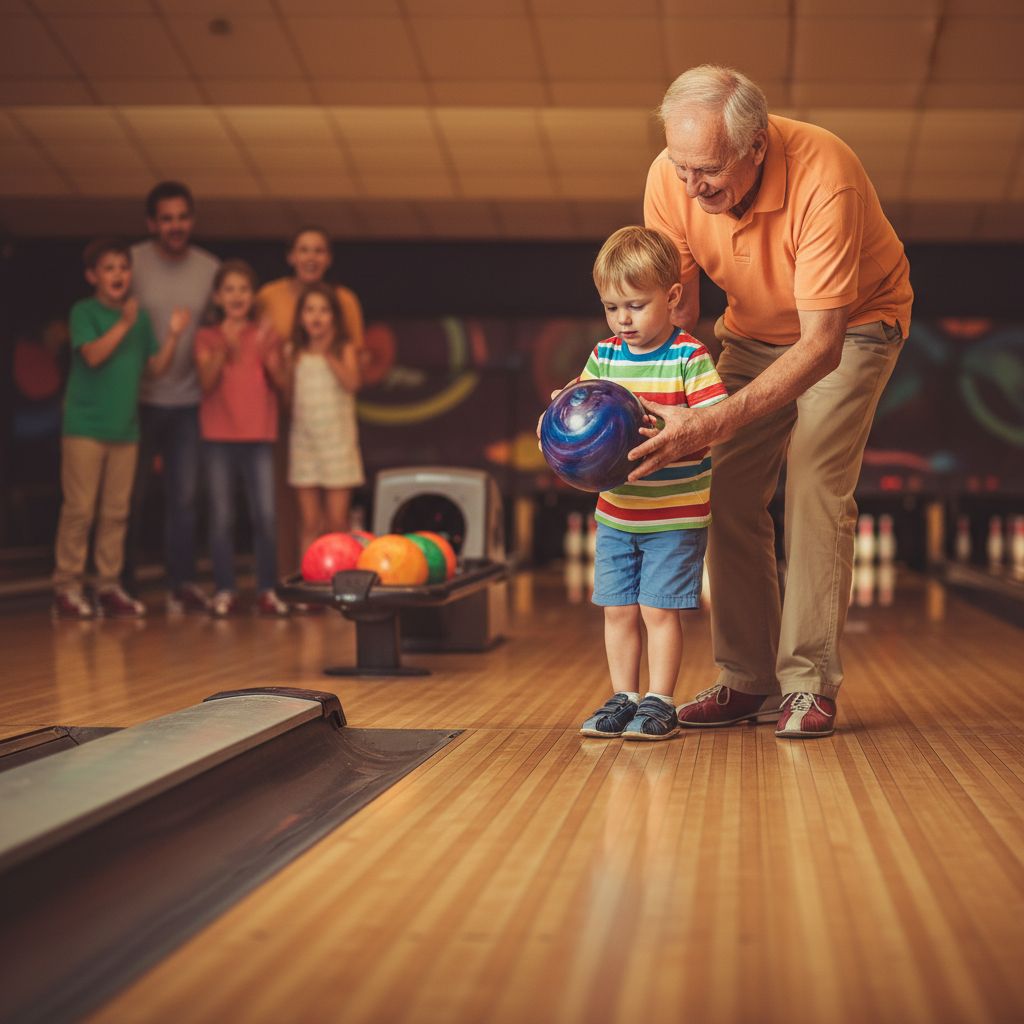 A grandfather showing a young child how to hold a shiny bowling ball on a wooden lane warm and encouraging atmosphere bright colors