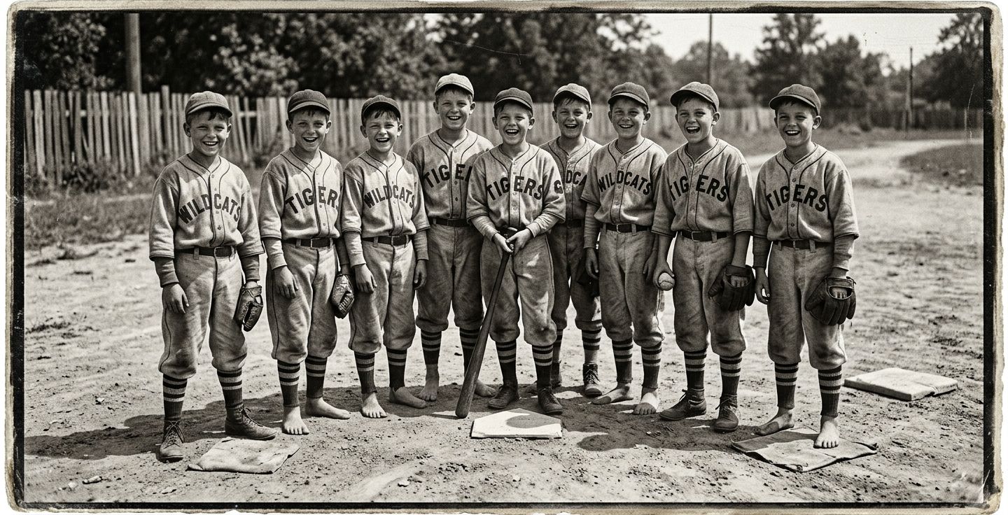 A vintage style black and white photograph showing a group of young boys in the 1930s wearing oversized wool baseball uniforms standing on a dirt field with simple rubber bases and smiling eagerly