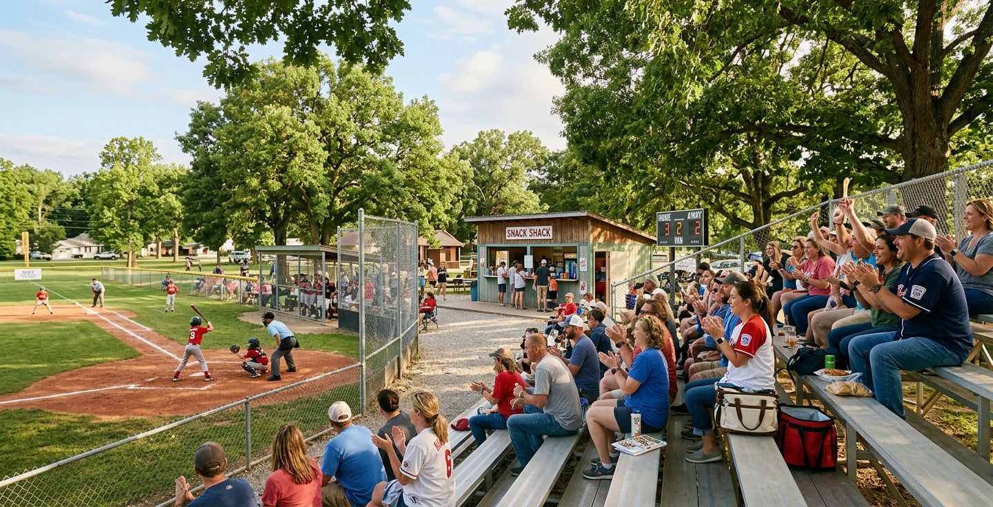 A warm sunlit scene of a modern small town baseball field Parents are sitting in aluminum bleachers cheering with a small concession stand in the background The scene is framed by large green oak trees