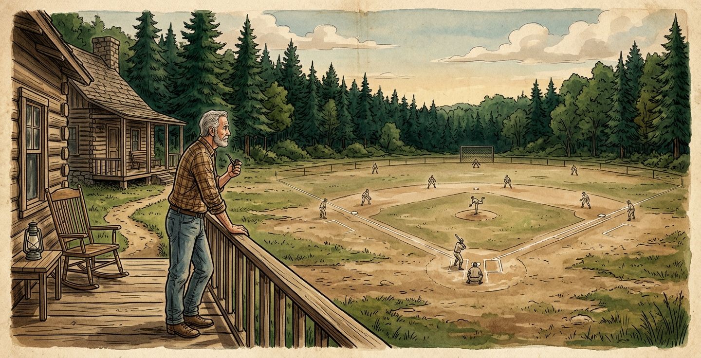 A vintage style illustration of an empty dirt lot bordered by deep green pine woods with a thoughtful man standing on a wooden porch looking out at the lot and visualizing a baseball field