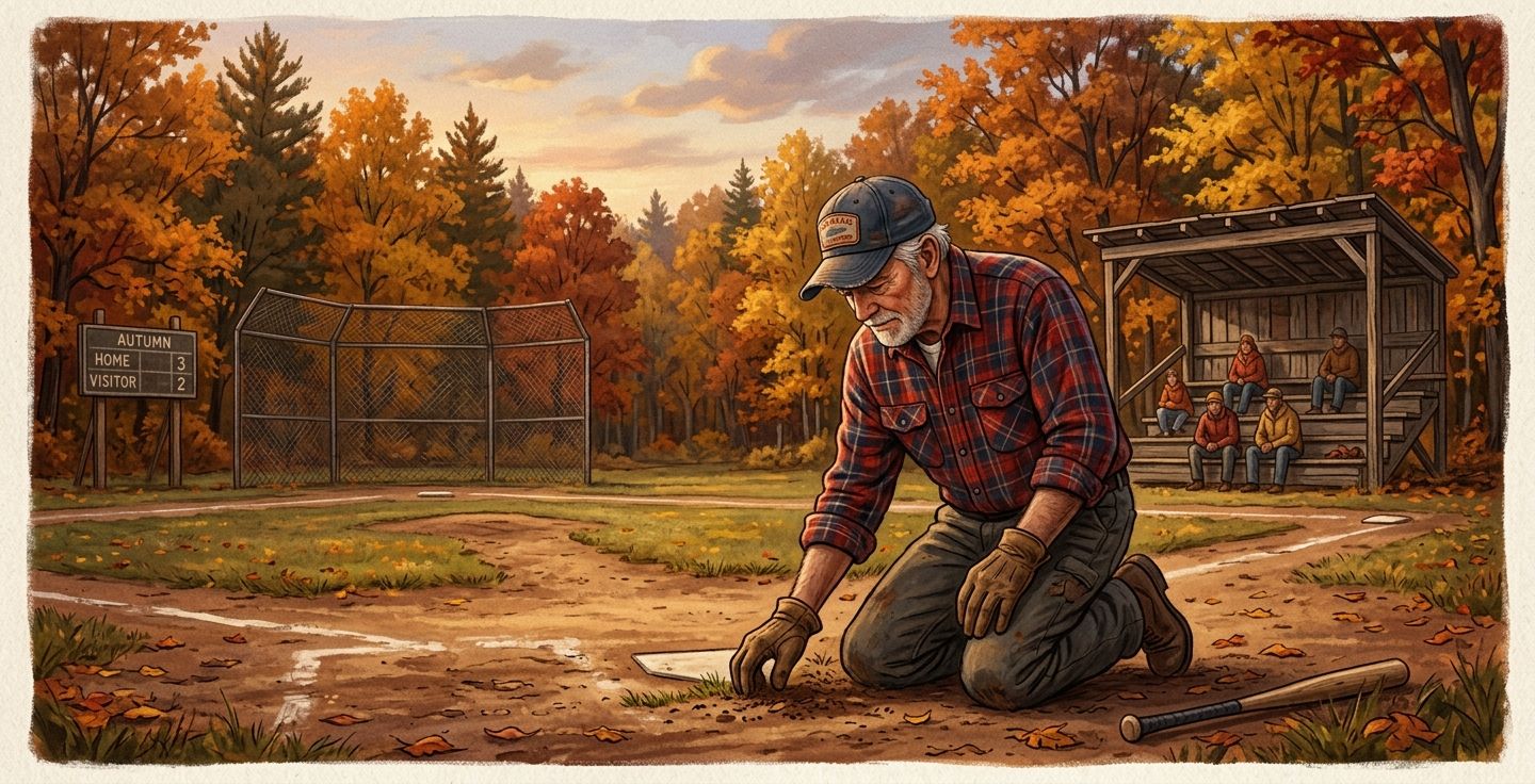 A warm nostalgic illustration of an older man in a plaid shirt and a faded baseball cap kneeling in the dirt of a rural baseball infield surrounded by colorful autumn trees and a small wooden bleacher in the background