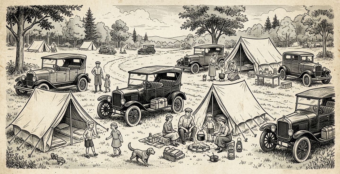 Black and white historical style illustration of 1920s families camping next to their vintage automobiles with canvas tents pitched on the grass