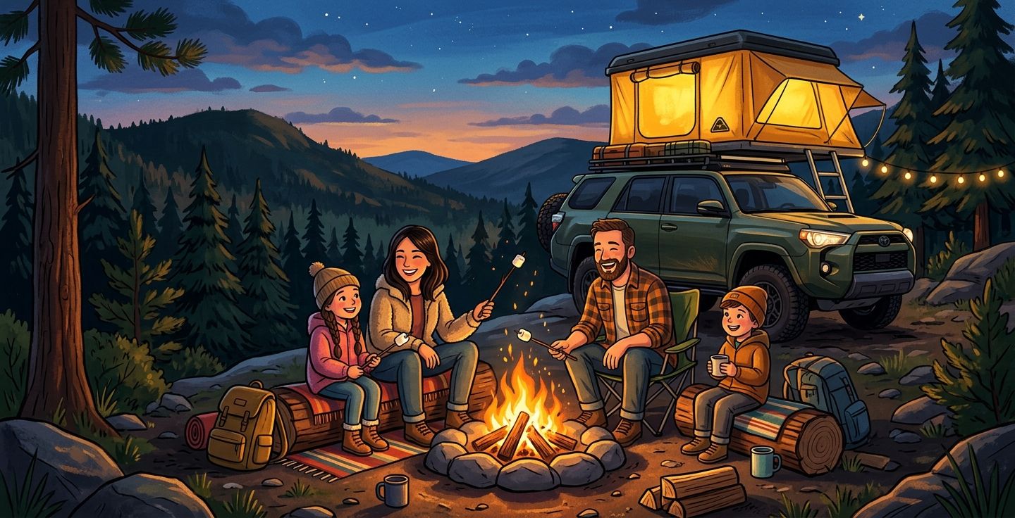 Colorful illustration of a modern family sitting around a crackling campfire at dusk with a rugged off road vehicle and a glowing rooftop tent in the background