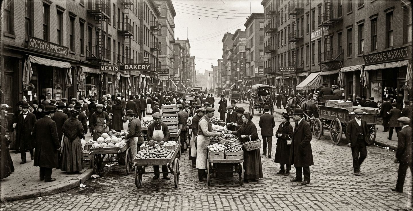 A vintage style photograph of a busy street corner in New York in the early twentieth century with small vendor carts selling fresh vegetables and people walking on cobblestones
