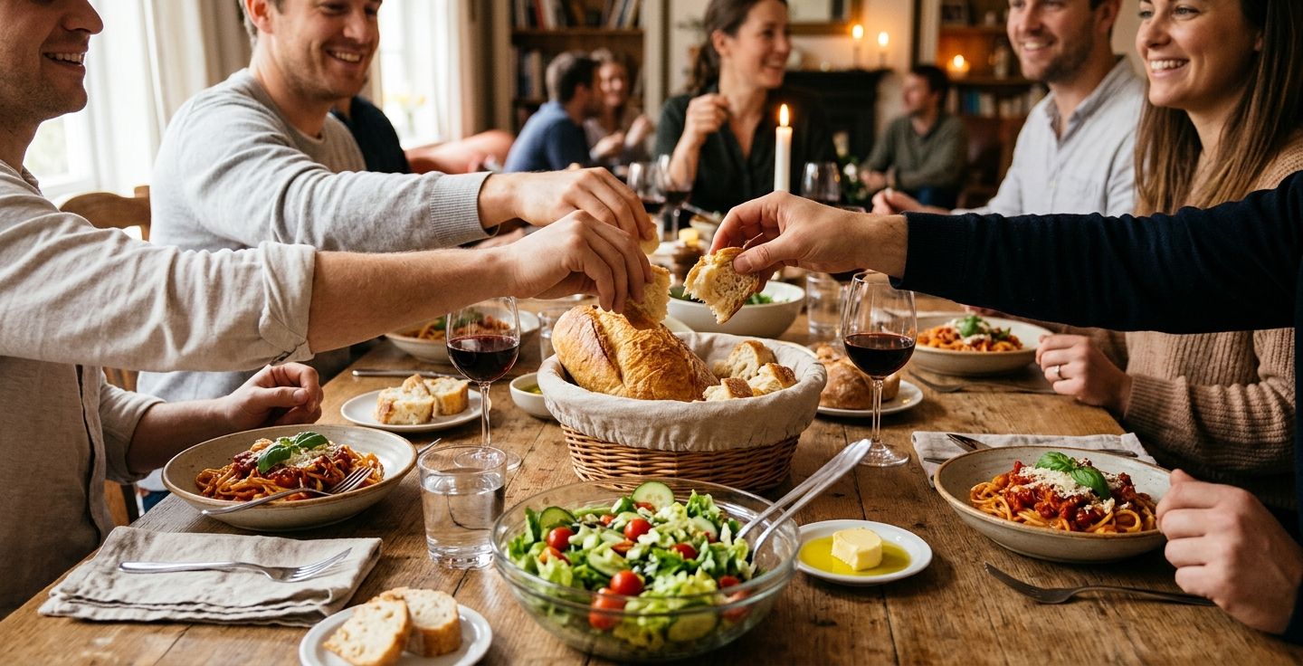 A warm and inviting wooden dinner table covered with plates of pasta bowls of salad and hands reaching for freshly baked bread