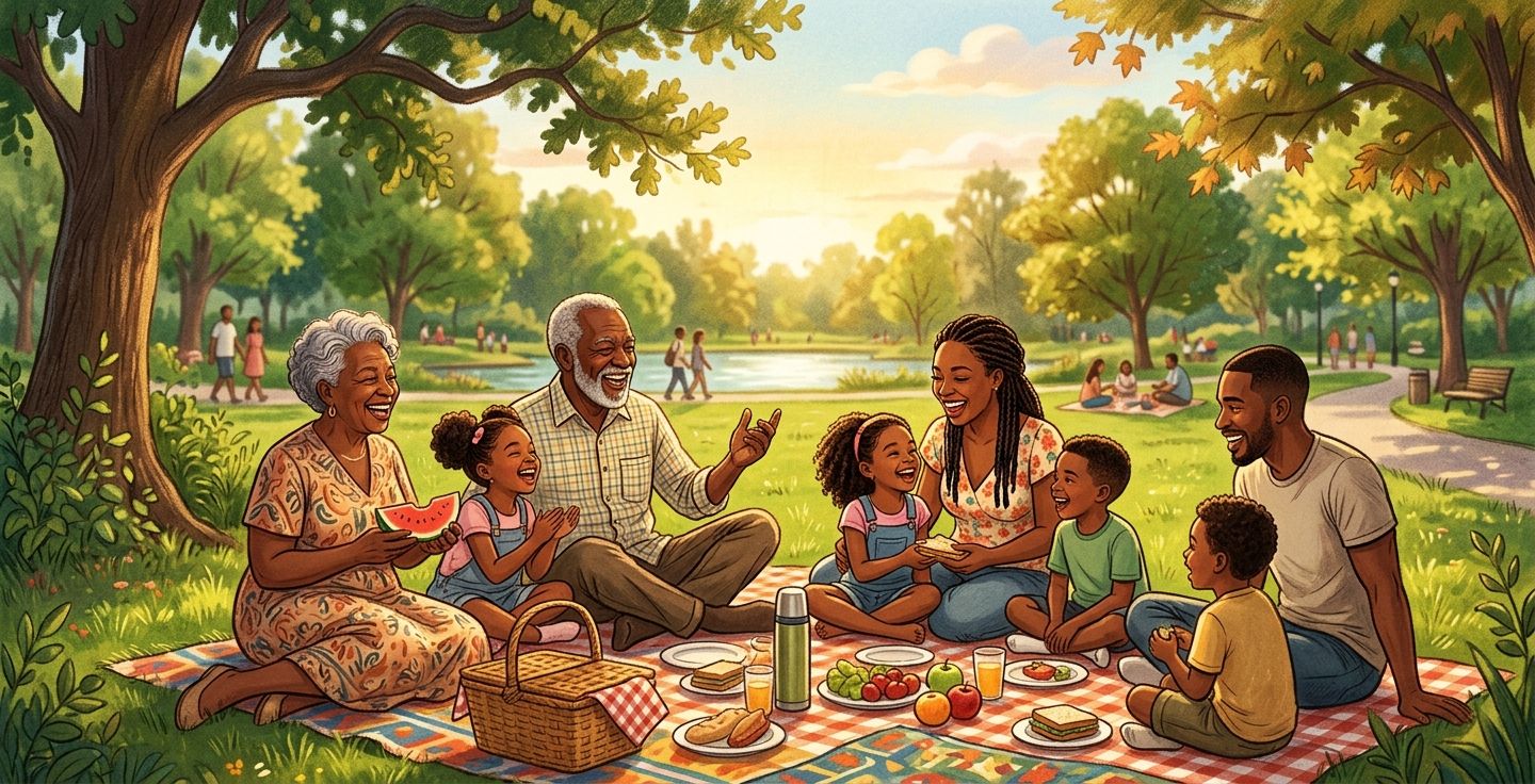 A warm nostalgic illustration of an older African American family having a summer picnic in a lush green park filled with joy and laughter