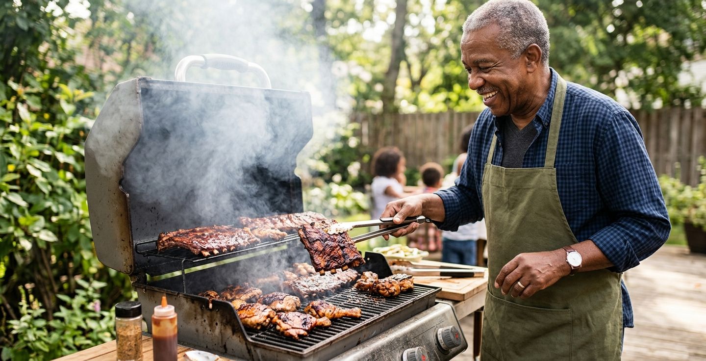 A close up shot of a smoking barbecue grill with ribs and chicken cooking outdoors while an older African American man stands by smiling and holding tongs