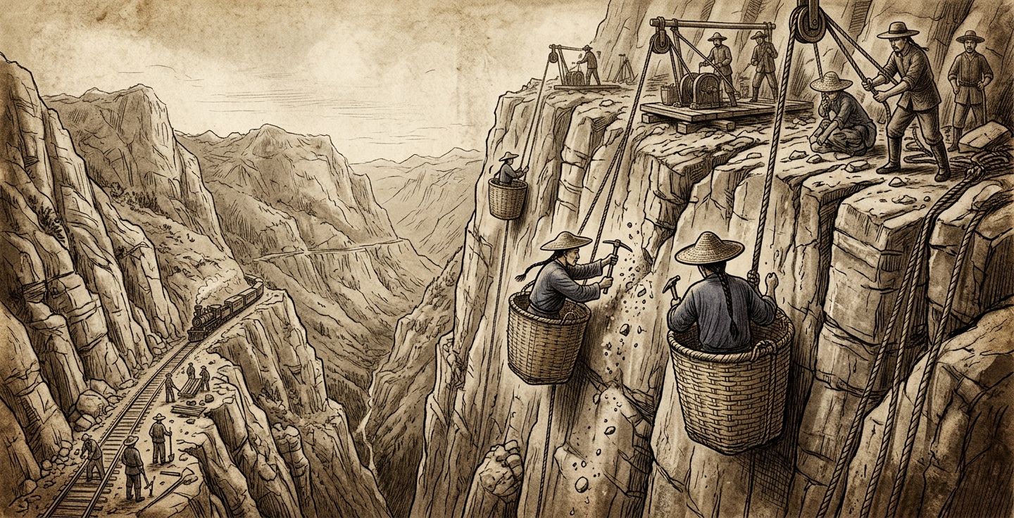 A sepia toned historical style illustration showing Chinese railroad workers in wide brimmed hats being lowered down a steep granite mountain cliff in large woven reed baskets to chip away at the rock face