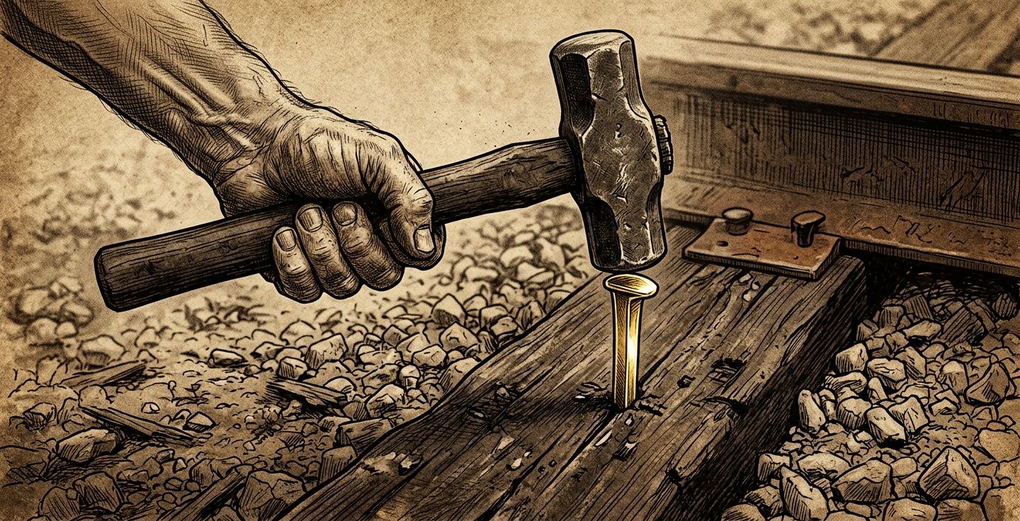 A close up sepia toned illustration of a weather beaten hand holding a heavy iron hammer driving a golden spike into a wooden railroad tie resting on gravel