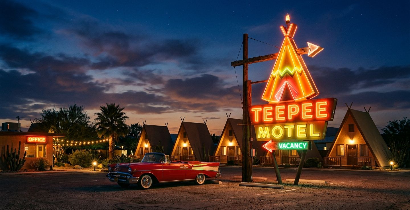 A glowing neon sign of a vintage motel shaped like a teepee against a twilight sky with a classic car parked in front