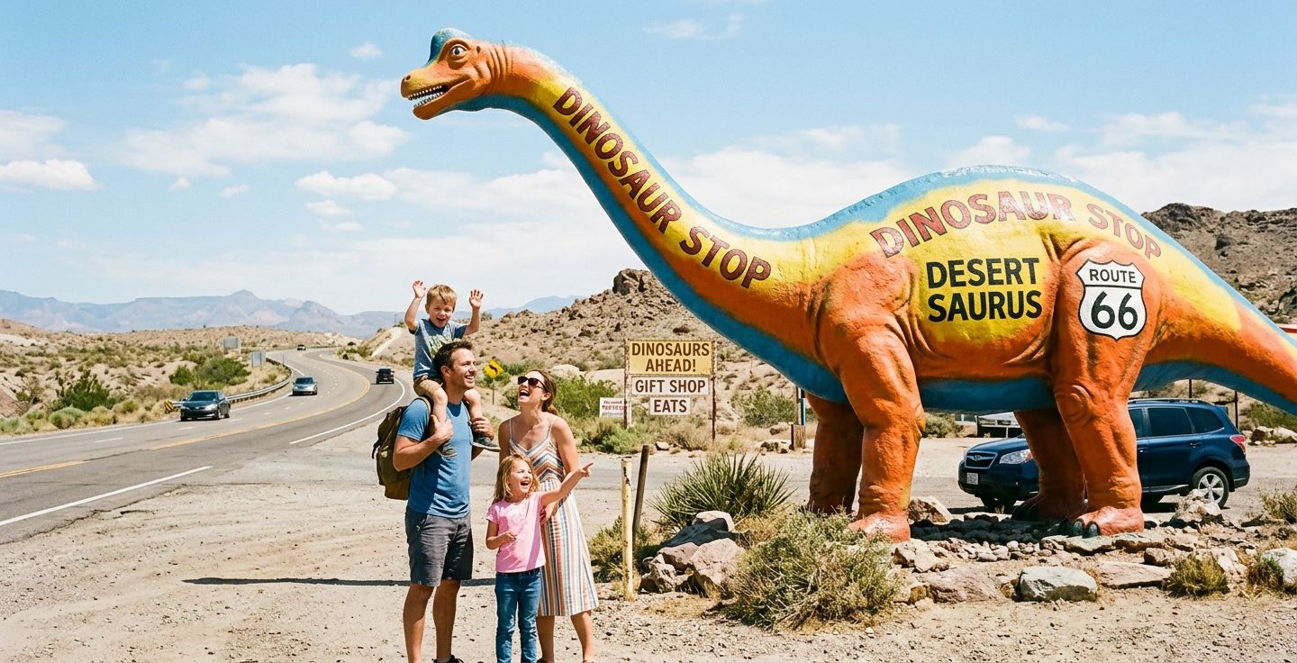 A happy young family looking at a giant brightly painted concrete dinosaur statue next to a desert highway on a sunny day