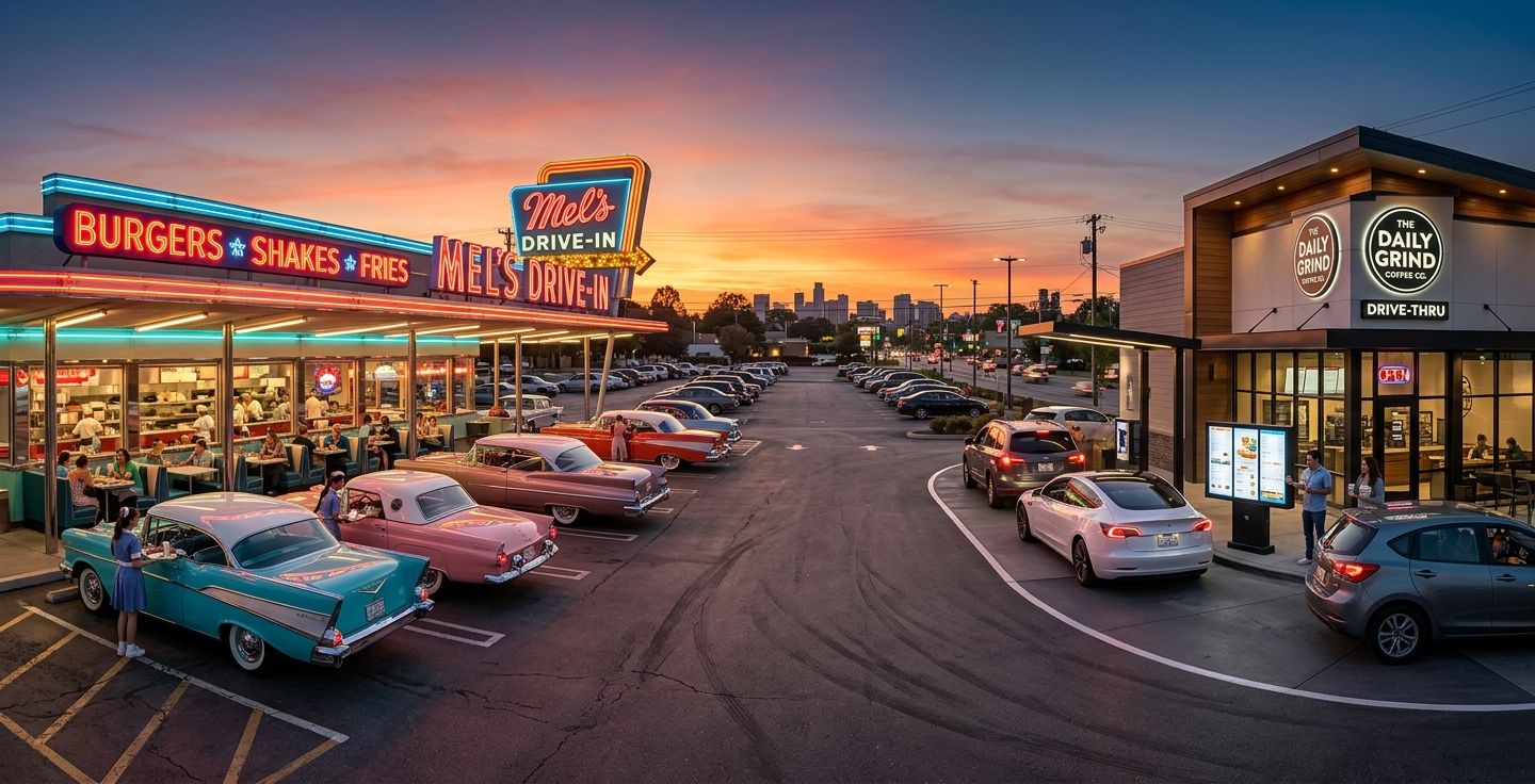 A vintage 1950s drive in restaurant at sunset with classic cars parked under glowing neon lights transitioning into a modern coffee shop drive lane showcasing the evolution of American convenience