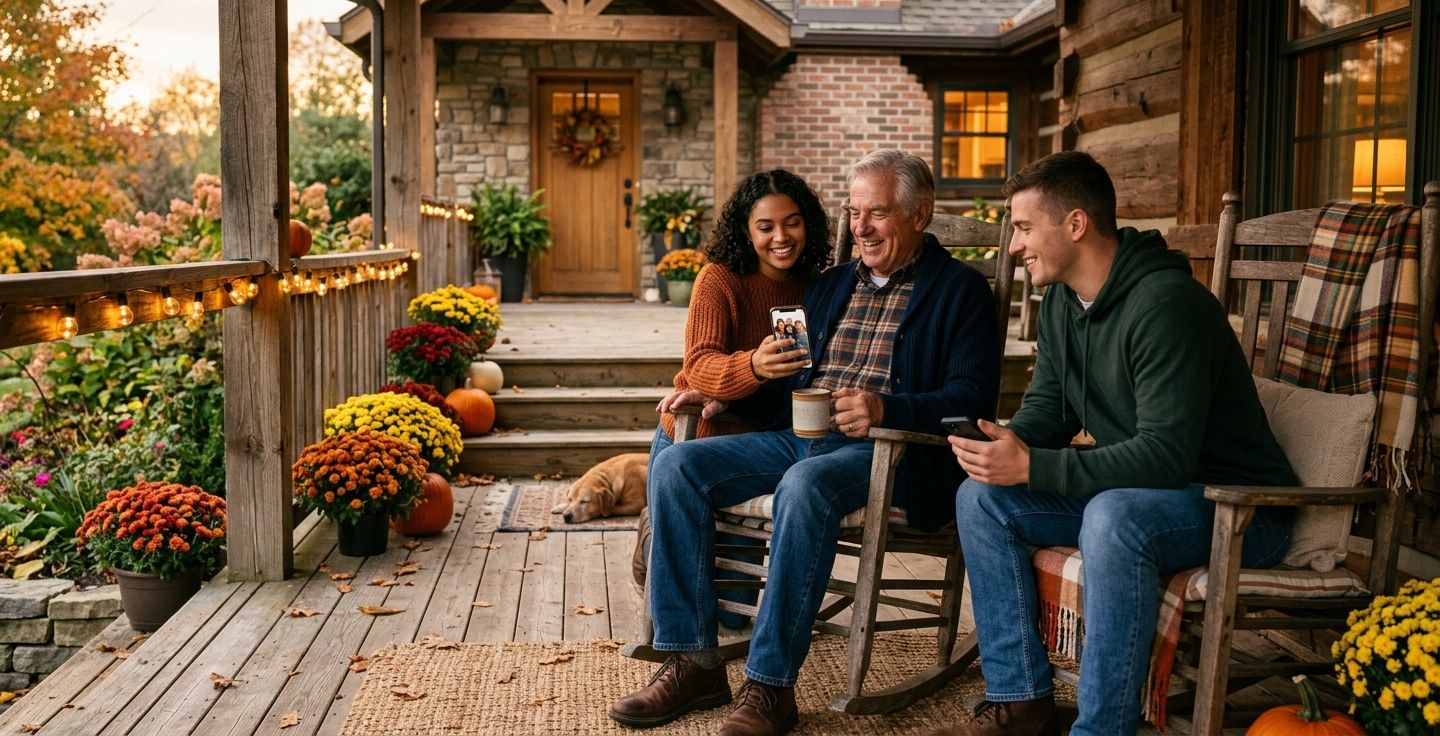 A warm and cozy front porch scene where an older gentleman is sitting with his young adult grandchildren who are holding smartphones showing a peaceful family moment made possible by saving time