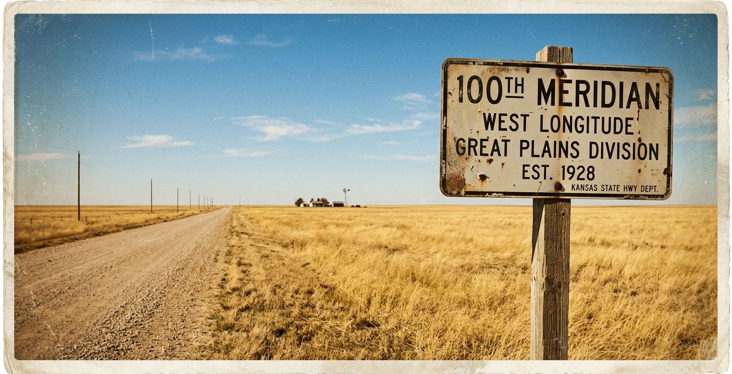Vintage looking photograph of an old highway sign marking the 100th meridian in a flat golden prairie landscape under a clear blue sky