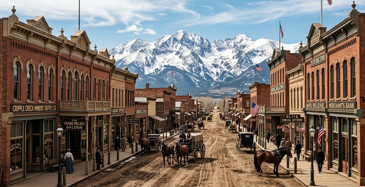 Historic western mining town street with ornate 1800s brick buildings looking toward tall snow capped mountains in the distance