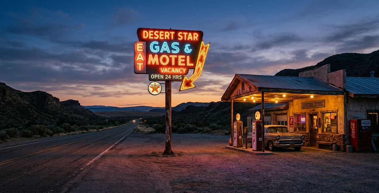 A glowing vintage neon sign next to an old gas station on a quiet desert highway at dusk warm lighting nostalgic atmosphere highly detailed