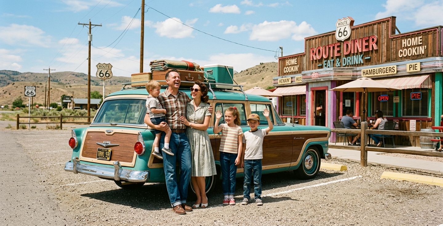 A happy family standing next to a classic station wagon parked at a quirky roadside diner beautiful sunny day vintage travel aesthetics