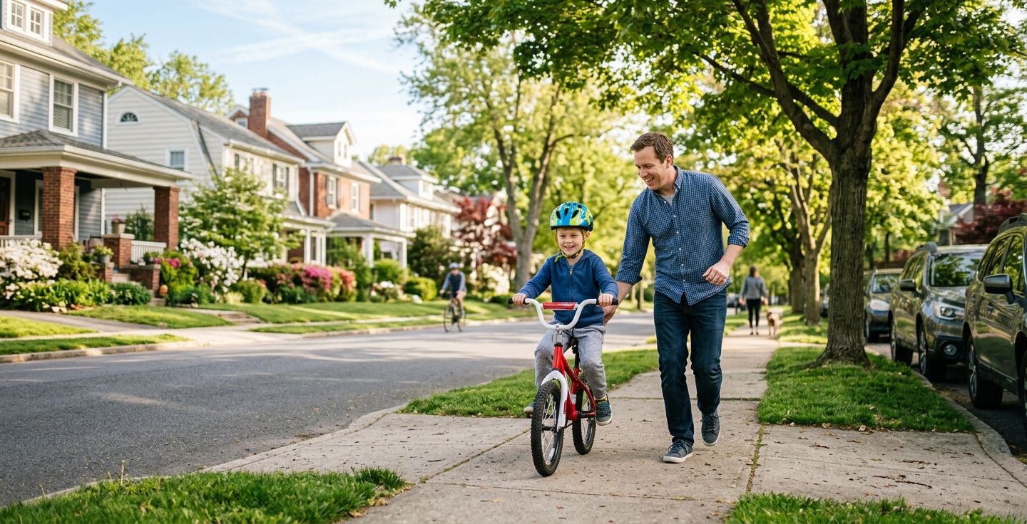 A bright Saturday morning in an American suburban neighborhood with mature trees soft sunlight and a father teaching his child to ride a bicycle on the sidewalk