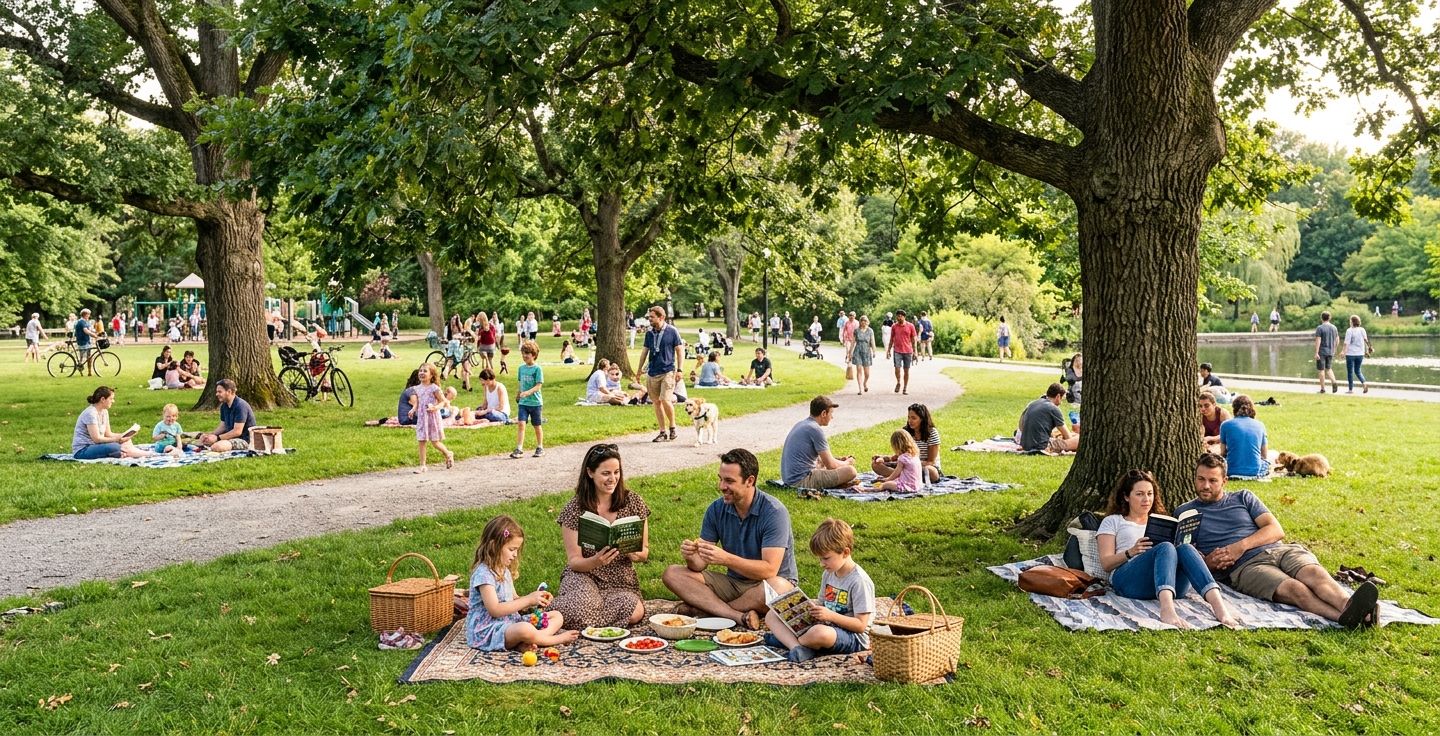A peaceful Sunday afternoon in a bustling public park with families having picnics on green grass reading books under large oak trees in a warm inviting atmosphere