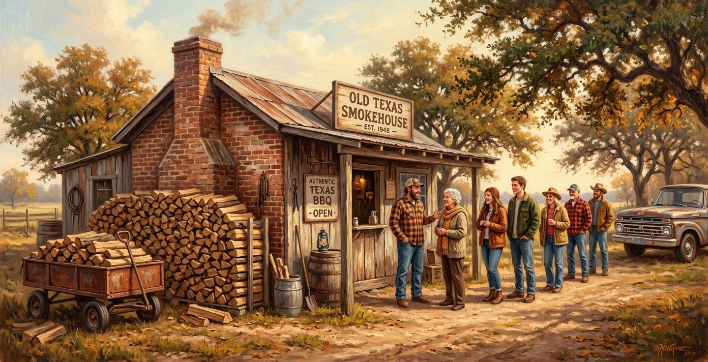 A warm nostalgic painting of a vintage Texas brick smokehouse with post oak wood stacked outside and a line of friendly people waiting