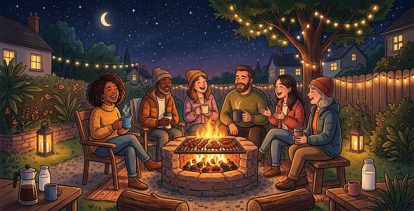 An illustration of a group of neighbors gathered around a glowing outdoor barbecue pit at night under the stars sharing coffee
