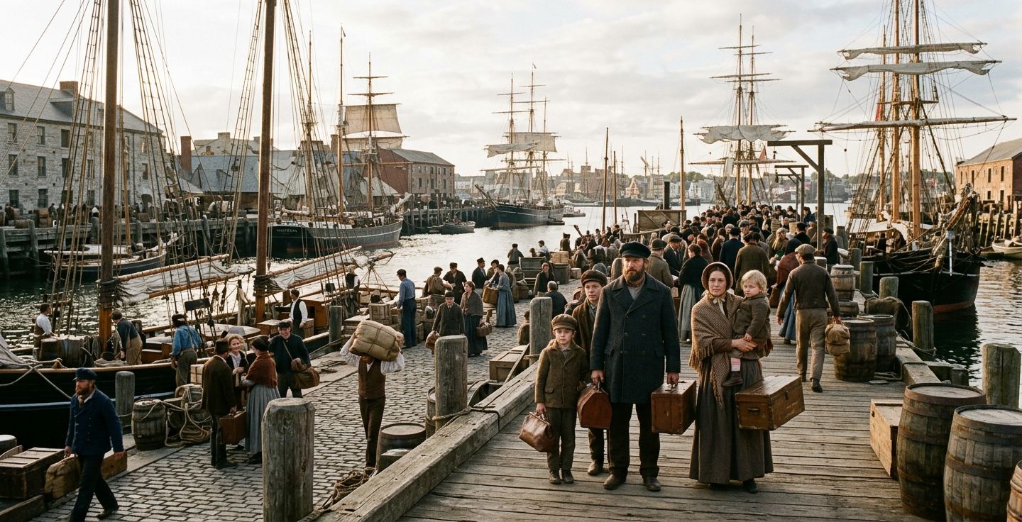 A busy 19th century harbor filled with wooden sailing ships and hopeful families arriving on the docks holding small trunks bathed in warm morning sunlight