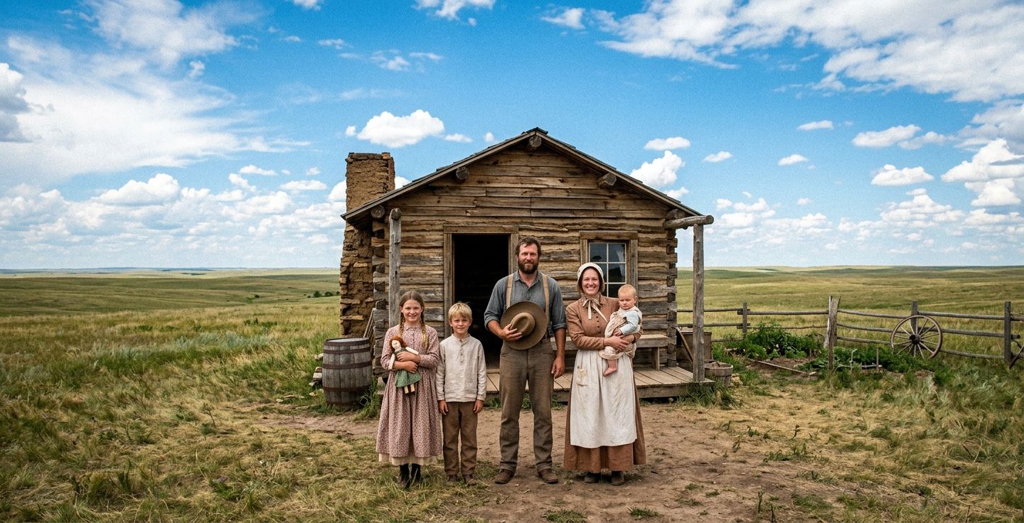A proud pioneer family standing in front of a small wooden cabin on a vast grassy prairie under a bright blue sky symbolizing hope and new beginnings