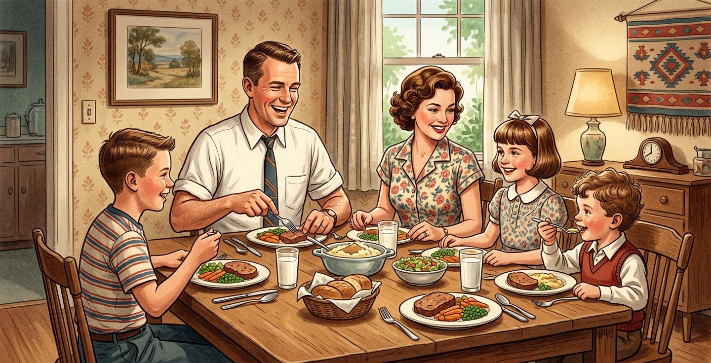 A warm nostalgic illustration showing a family from the nineteen fifties sitting around a modest dinner table eating regular sized meals.
