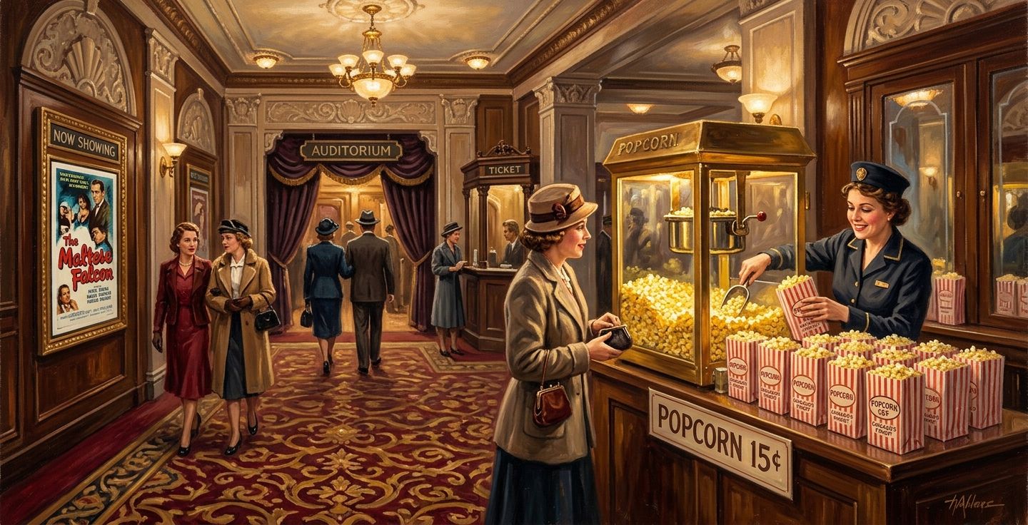 A painting of a vintage movie theater lobby in Chicago showing a popcorn stand with small paper bags of popcorn.
